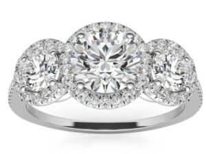 SKY  round Brilliant halo Diamond band trilogy engagement ring