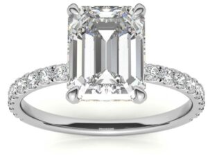 ZURI Emerald Cut Lab Grown Diamond Full Halo Head and Diamond Band Engagement Ring