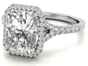 GINA Radiant cut Lab Grown Diamonds Split shank full accent halo catherdral setting Engagement Ring