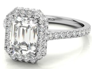 LINDIWE Emerald Cut Lab Grown Diamonds Full Accent  Head Halo Design Engagement Ring