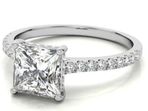 RENE Princess Cut Lab Grown Diamond full halo head and Diamond Band Engagement Ring