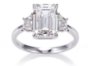 THANDI Emerald and Trapazoid Cut Lab grown  Diamonds in Classic Design Trilogy Engagement Ring
