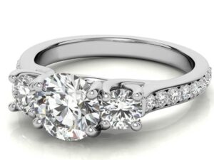 TERESA Round Brilliant Cut Lab Grown Diamonds Trellis and diamond band trilogy engagement ring