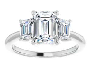 CINDY Emerald Cut Lab Grown Diamonds set in Classic Trilogy Design Engagement Ring