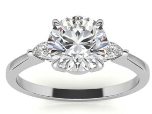 SHELLY Round and Pear cut Lab Grown Diamonds Scroll shank Trilogy Engagement Ring