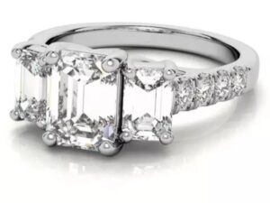 KAYLA Emerald Cut Lab Grown Diamonds in a Trellis Design Diamond band Trilogy Engagement Ring